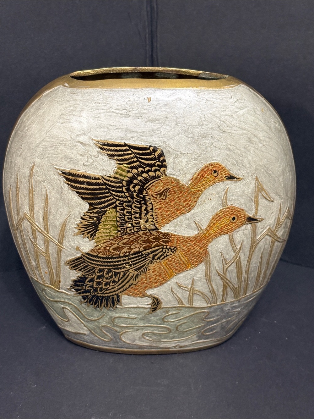 Vintage Brass Vase Geese Waterfowl Etched Enamel Cloisonne Style